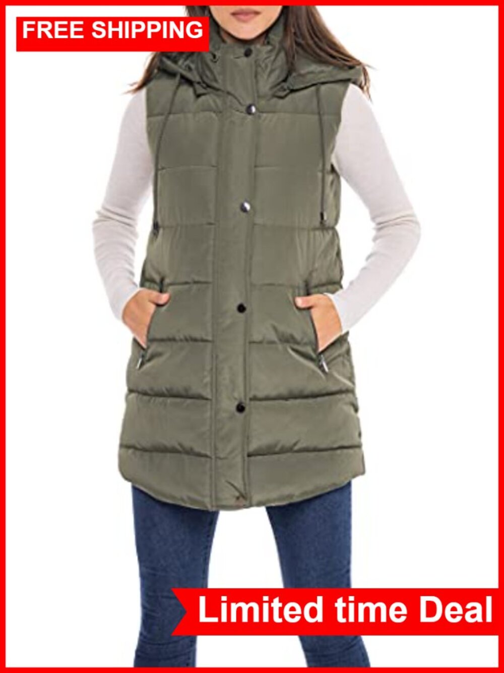 Long Quilted Faux Down Hooded Puffer Vest Sleeveless Fall Winter